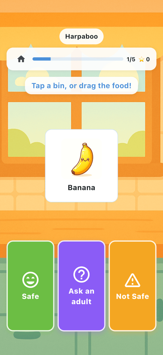 Harpaboo gameplay on iPhone: a food question with safe, not-safe, and ask-an-adult choices